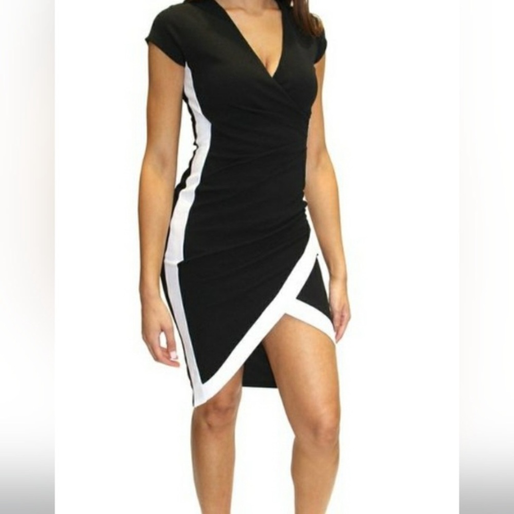 Almost Famous Black and White Asymmetrical Wrap Dress